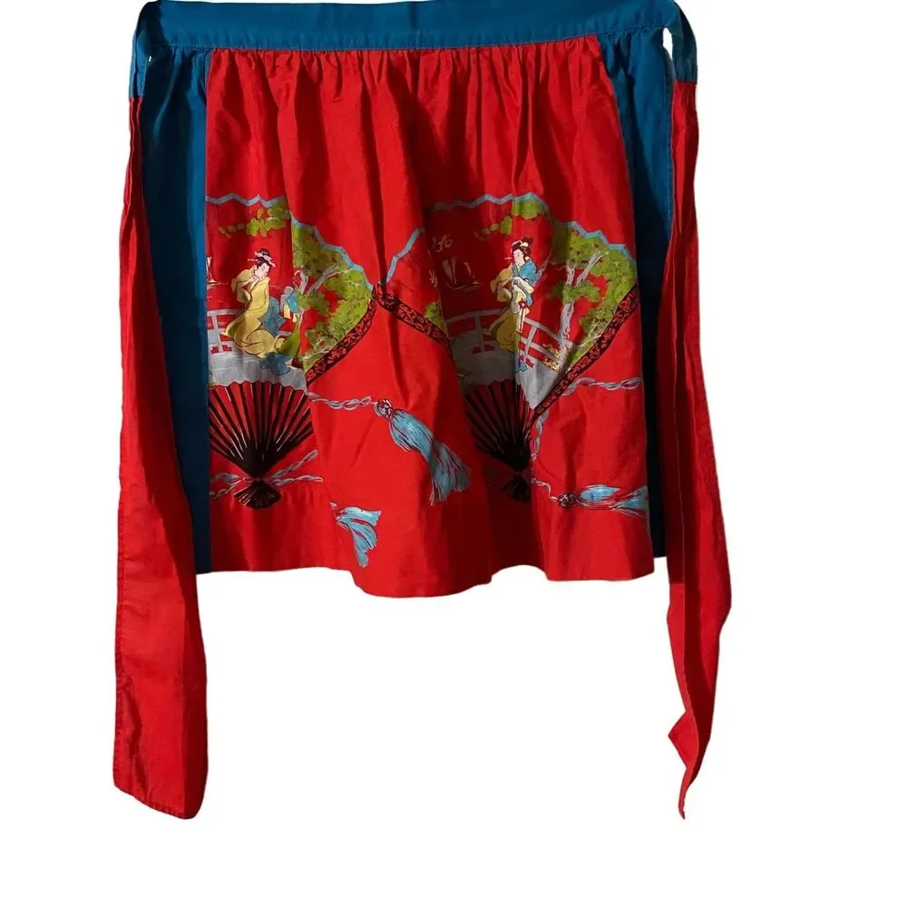 #5740 Womens Red and Blue Half Apron With Japanese Geishas